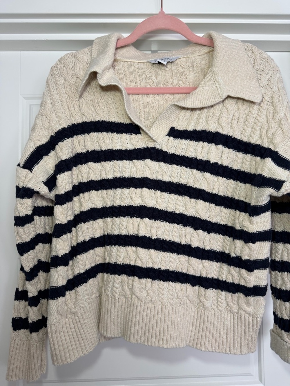 Striped Cable-Knit Polo Sweater - Cream & Navy